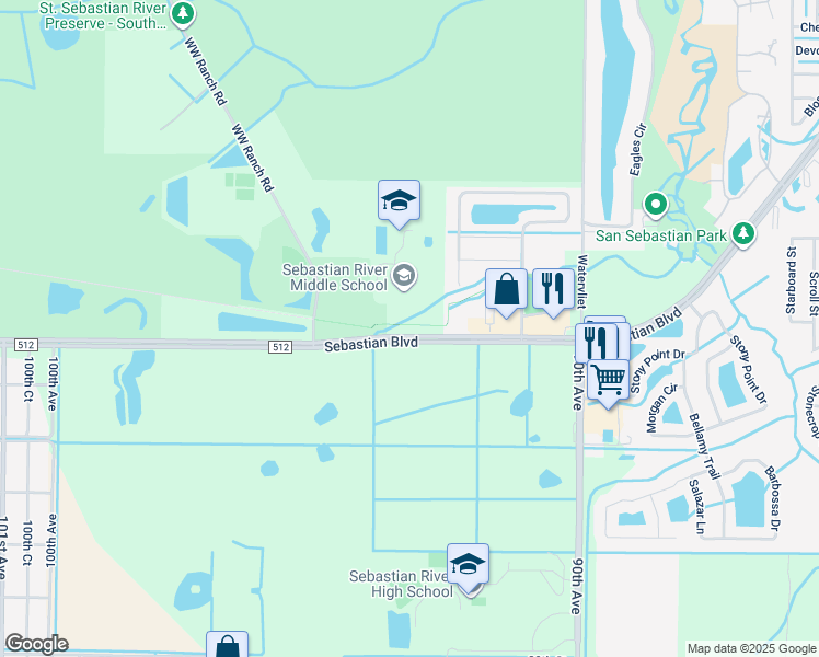 map of restaurants, bars, coffee shops, grocery stores, and more near 9400 County Road 512 in Sebastian