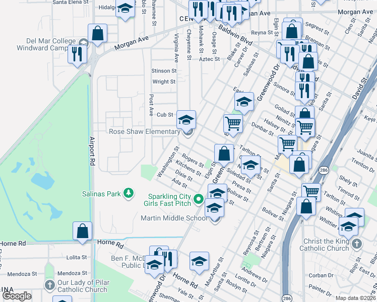 map of restaurants, bars, coffee shops, grocery stores, and more near 2829 Nogales Street in Corpus Christi