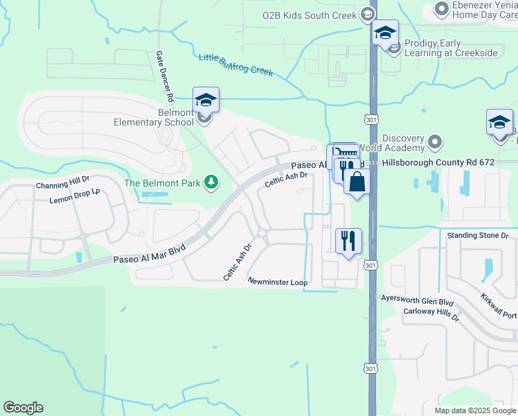 map of restaurants, bars, coffee shops, grocery stores, and more near 10337 Celtic Ash Drive in Ruskin