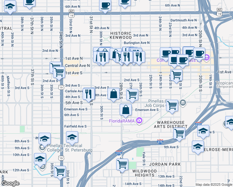 map of restaurants, bars, coffee shops, grocery stores, and more near 2829 4th Avenue South in St. Petersburg