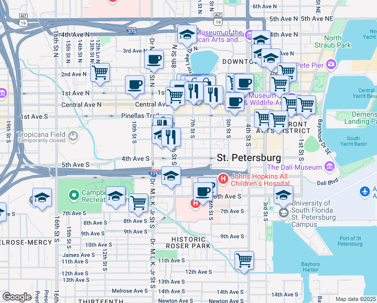 map of restaurants, bars, coffee shops, grocery stores, and more near 720 Charles Court South in St. Petersburg