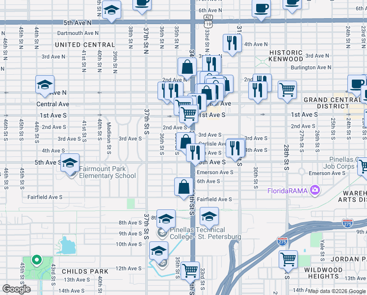 map of restaurants, bars, coffee shops, grocery stores, and more near 3426 3rd Avenue South in St. Petersburg