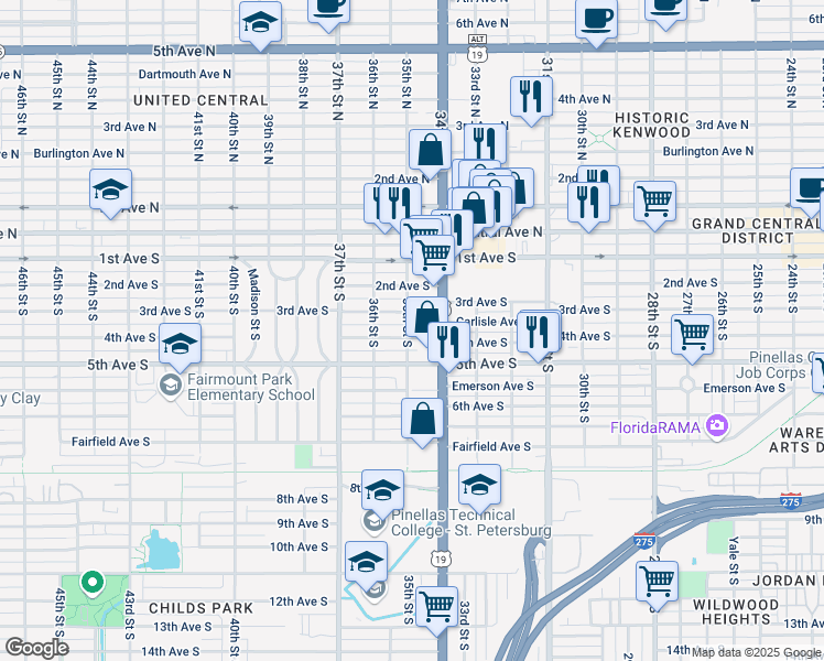map of restaurants, bars, coffee shops, grocery stores, and more near 3426 3rd Avenue South in St. Petersburg