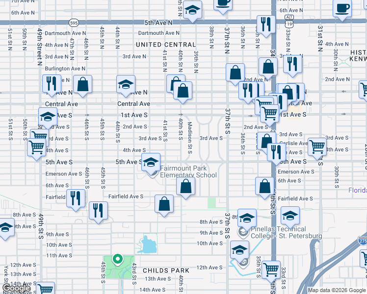 map of restaurants, bars, coffee shops, grocery stores, and more near 313 40th Street South in St. Petersburg