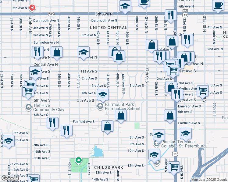 map of restaurants, bars, coffee shops, grocery stores, and more near 313 40th Street South in St. Petersburg
