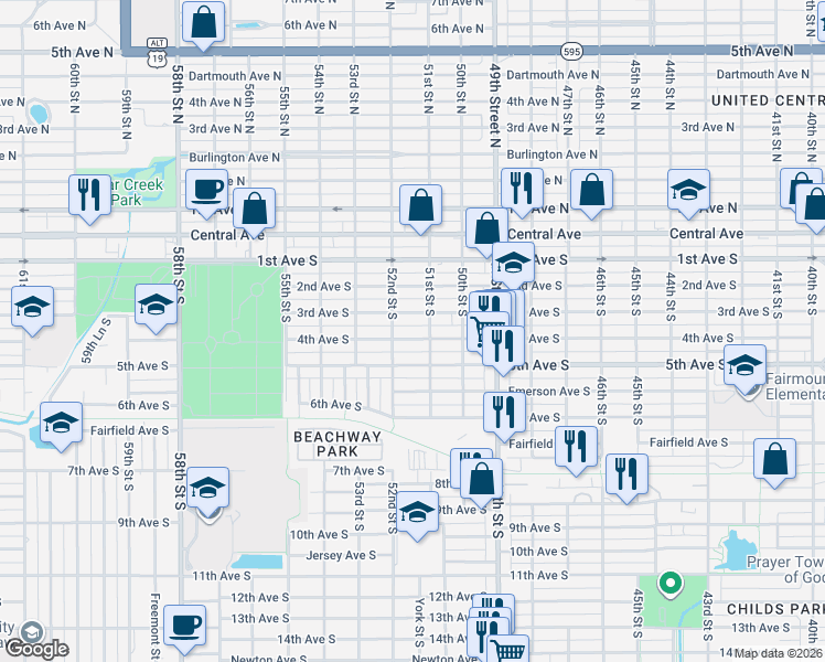 map of restaurants, bars, coffee shops, grocery stores, and more near 5100 3rd Avenue South in St. Petersburg