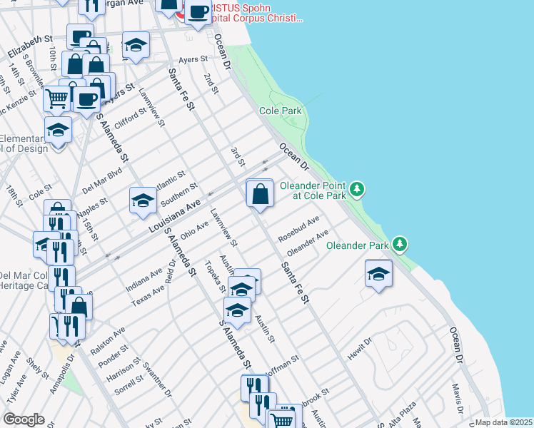map of restaurants, bars, coffee shops, grocery stores, and more near 239 Indiana Avenue in Corpus Christi