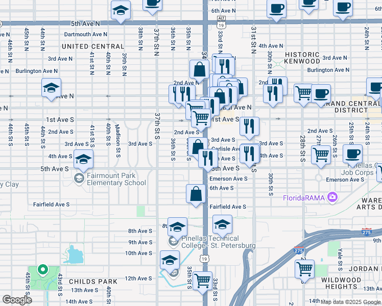 map of restaurants, bars, coffee shops, grocery stores, and more near 344 35th Street South in Saint Petersburg