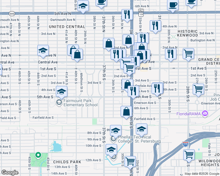 map of restaurants, bars, coffee shops, grocery stores, and more near 3642 3rd Avenue South in St. Petersburg