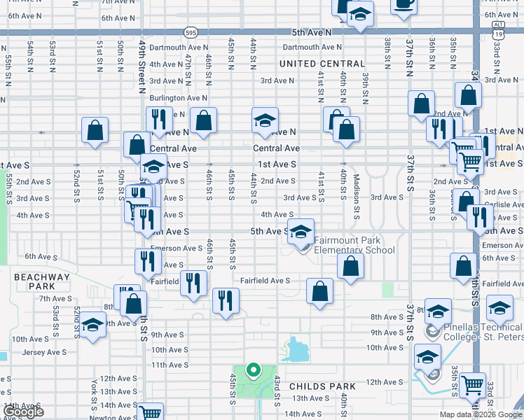 map of restaurants, bars, coffee shops, grocery stores, and more near 4300 3rd Avenue South in St. Petersburg