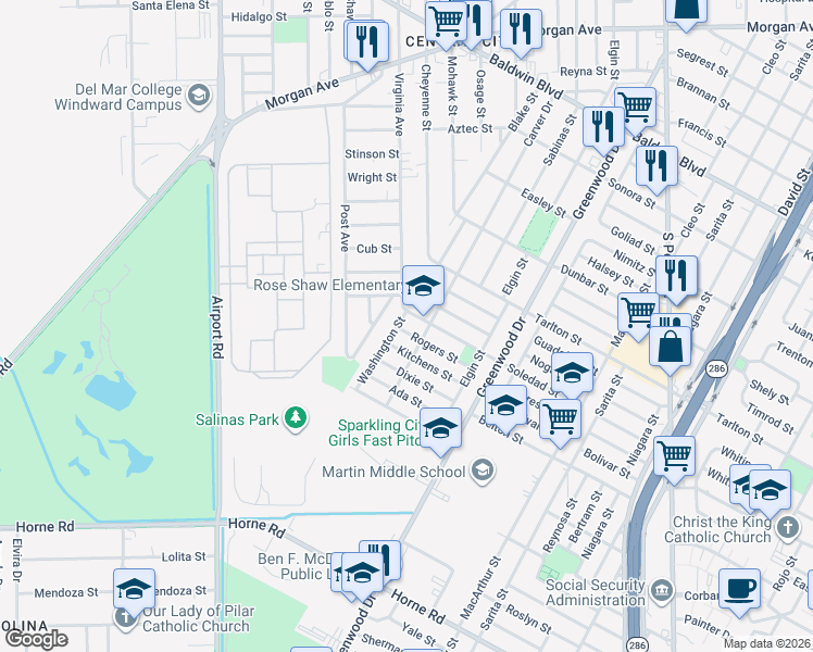 map of restaurants, bars, coffee shops, grocery stores, and more near 3201 Washington Street in Corpus Christi
