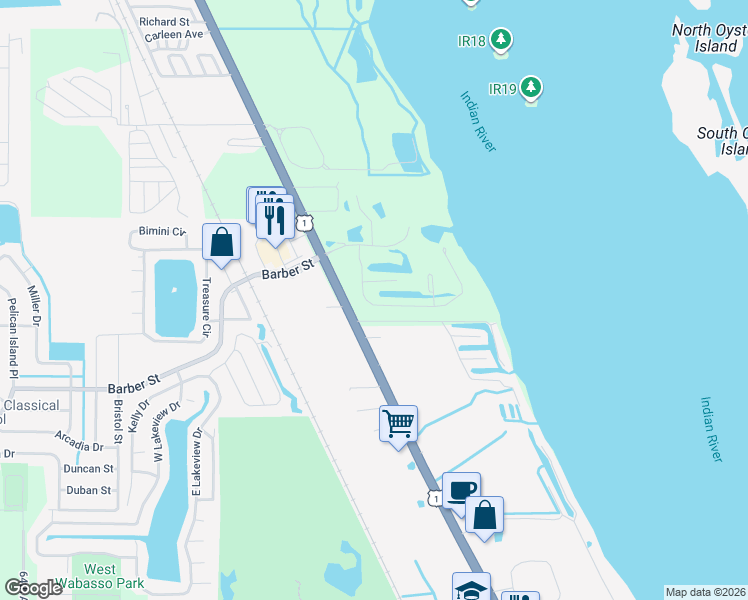 map of restaurants, bars, coffee shops, grocery stores, and more near 9635 Riverside Drive in Sebastian