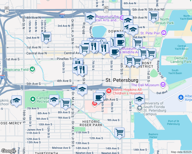 map of restaurants, bars, coffee shops, grocery stores, and more near 646 Charles Court South in Saint Petersburg