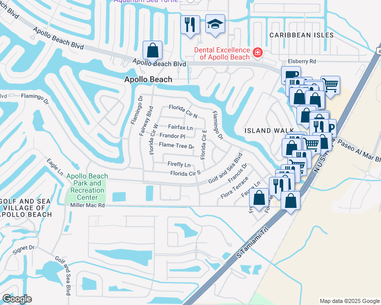 map of restaurants, bars, coffee shops, grocery stores, and more near 501 Fox Run Trail in Apollo Beach