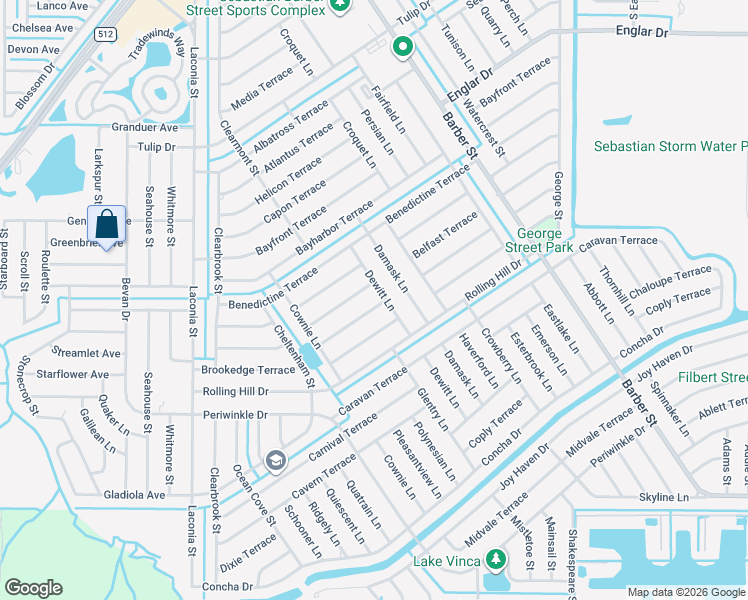map of restaurants, bars, coffee shops, grocery stores, and more near 602 Belfast Terrace in Sebastian