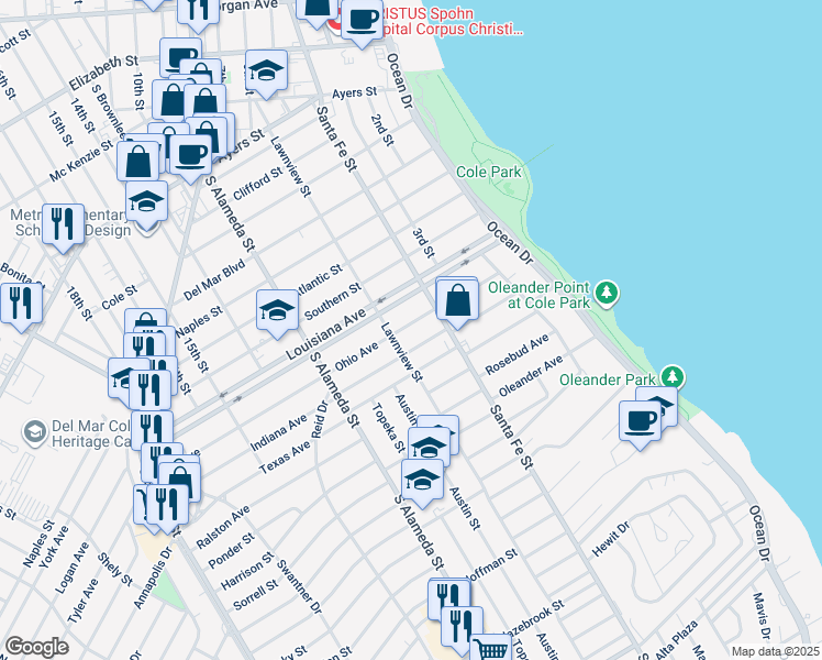 map of restaurants, bars, coffee shops, grocery stores, and more near 325 Ohio Avenue in Corpus Christi