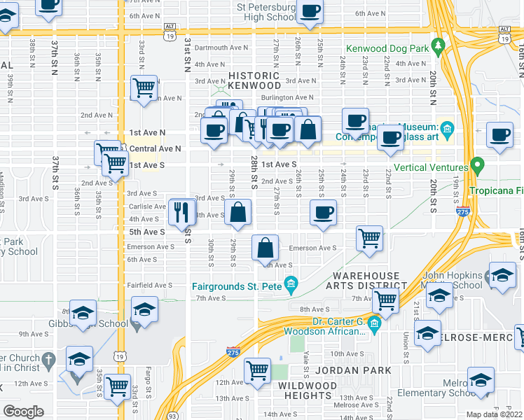 map of restaurants, bars, coffee shops, grocery stores, and more near 2758 3rd Avenue South in St. Petersburg