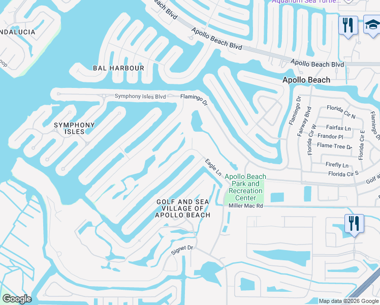 map of restaurants, bars, coffee shops, grocery stores, and more near 100 Par Court in Apollo Beach