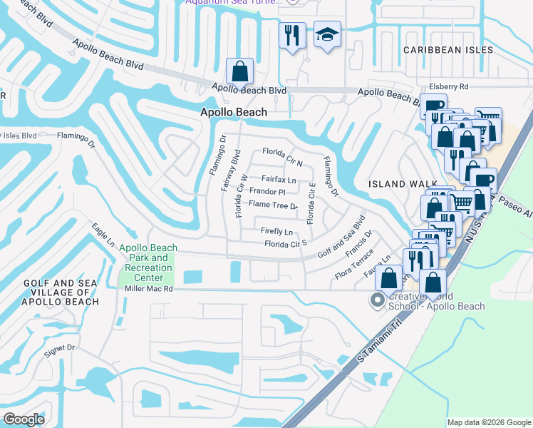 map of restaurants, bars, coffee shops, grocery stores, and more near 528 Flame Tree Drive in Apollo Beach