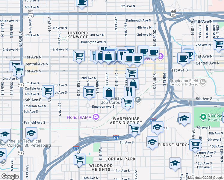 map of restaurants, bars, coffee shops, grocery stores, and more near 2432 3rd Avenue South in St. Petersburg