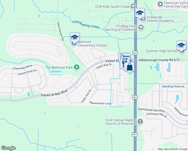 map of restaurants, bars, coffee shops, grocery stores, and more near 10335 Celtic Ash Drive in Ruskin