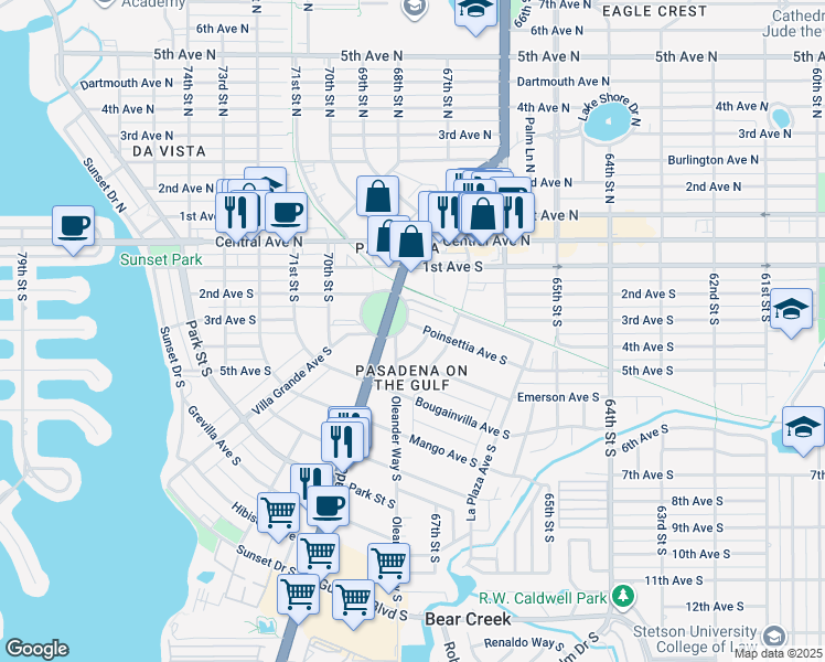 map of restaurants, bars, coffee shops, grocery stores, and more near 400 Park Circle South in St. Petersburg