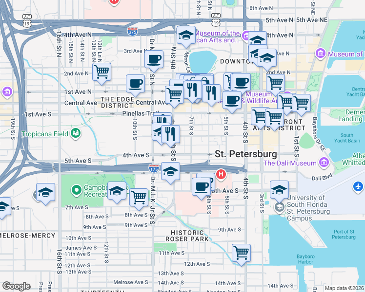 map of restaurants, bars, coffee shops, grocery stores, and more near 720 Charles Court South in St. Petersburg