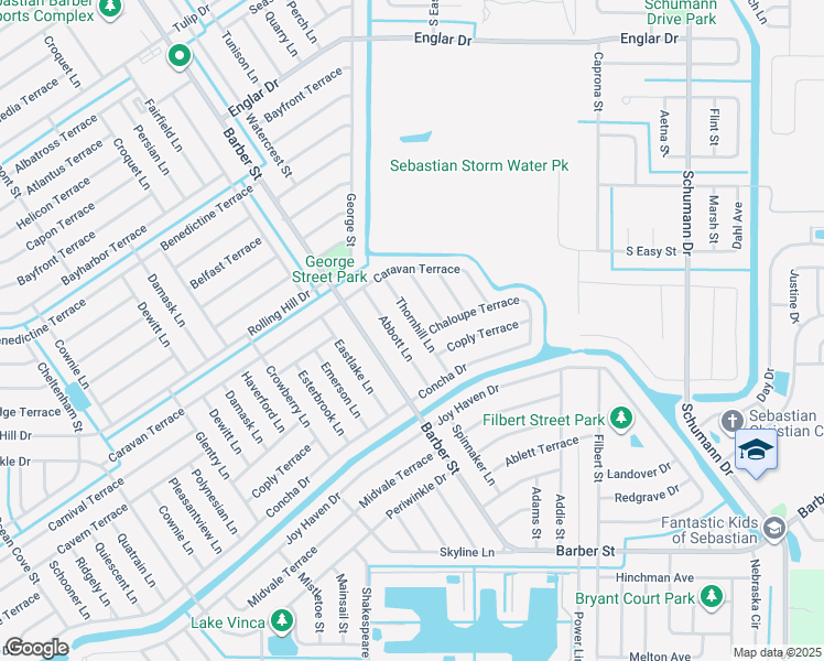 map of restaurants, bars, coffee shops, grocery stores, and more near 1411 Thornhill Lane in Sebastian