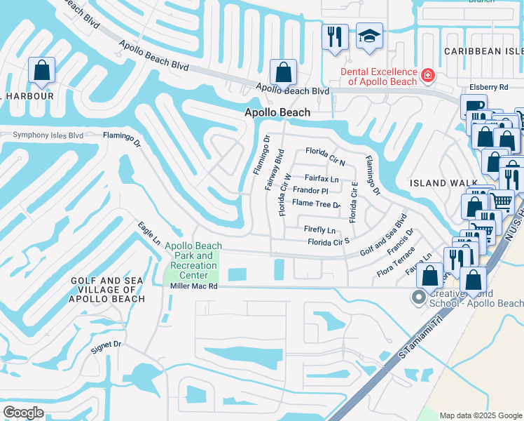 map of restaurants, bars, coffee shops, grocery stores, and more near 6220 Fairway Boulevard in Apollo Beach