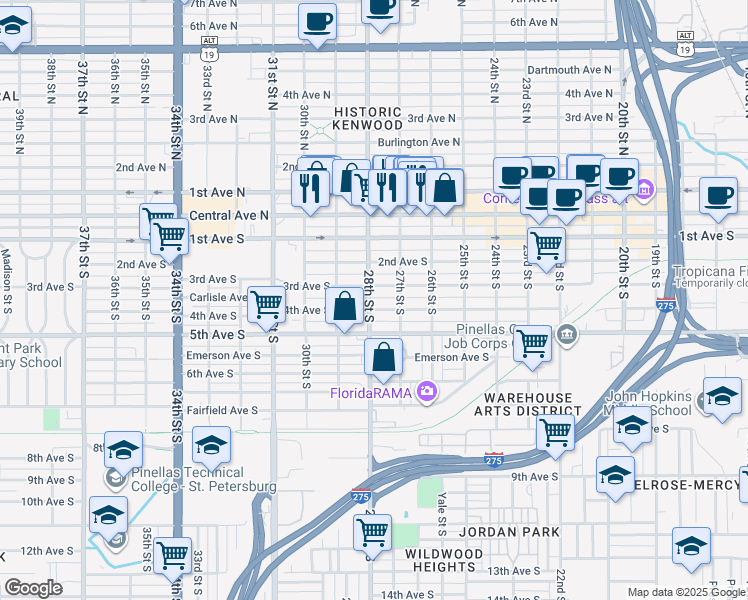 map of restaurants, bars, coffee shops, grocery stores, and more near 2758 3rd Avenue South in St. Petersburg