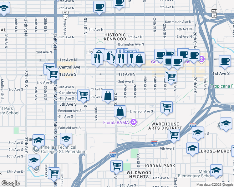 map of restaurants, bars, coffee shops, grocery stores, and more near 2758 3rd Avenue South in St. Petersburg