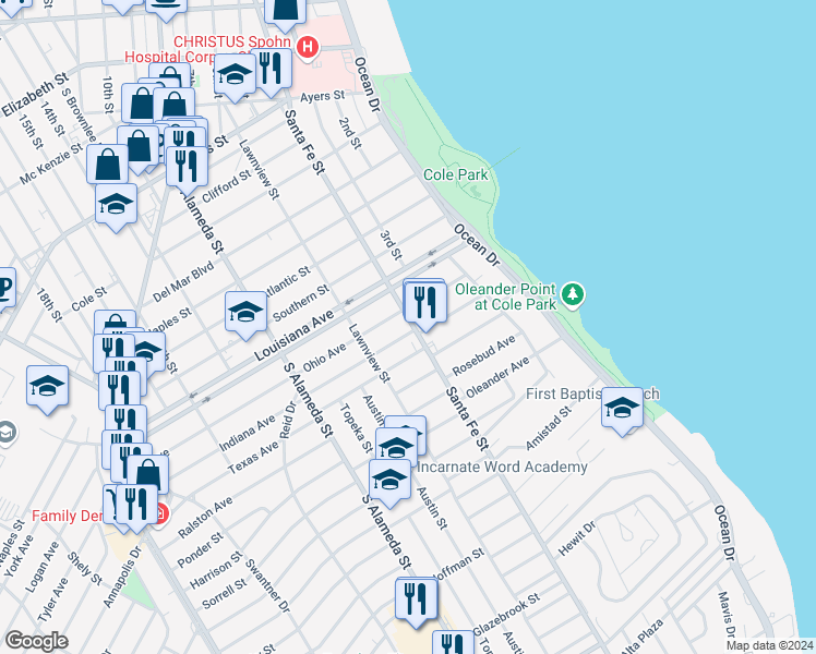 map of restaurants, bars, coffee shops, grocery stores, and more near 2725 Santa Fe Street in Corpus Christi