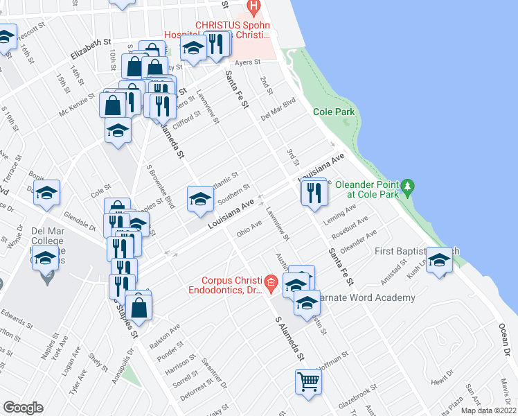 map of restaurants, bars, coffee shops, grocery stores, and more near 409 Louisiana Avenue in Corpus Christi