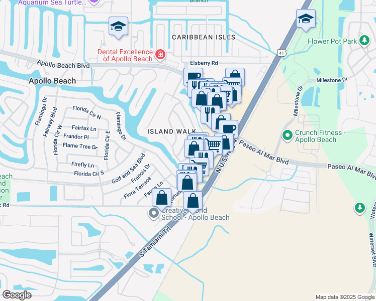 map of restaurants, bars, coffee shops, grocery stores, and more near 219 Lookout Drive in Apollo Beach