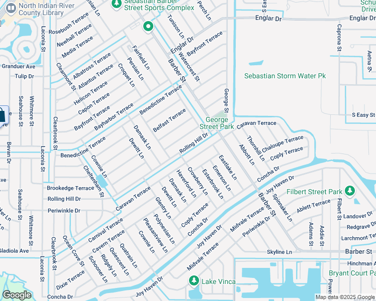 map of restaurants, bars, coffee shops, grocery stores, and more near 514 Rolling Hill Drive in Sebastian