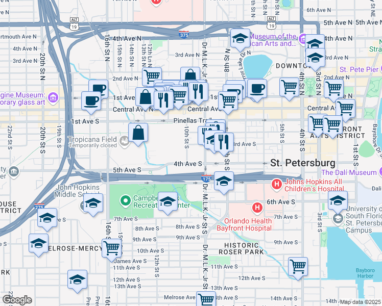 map of restaurants, bars, coffee shops, grocery stores, and more near 10th Street South in St. Petersburg