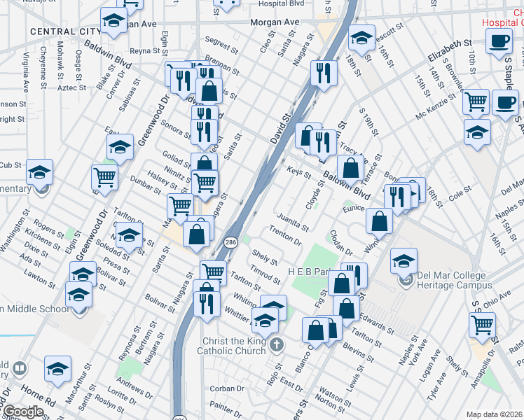 map of restaurants, bars, coffee shops, grocery stores, and more near 2833 Riggan Street in Corpus Christi