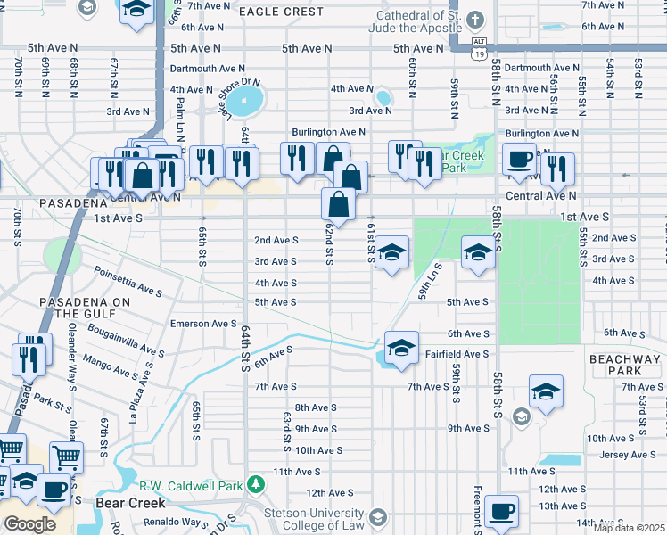 map of restaurants, bars, coffee shops, grocery stores, and more near 6200 3rd Avenue South in St. Petersburg