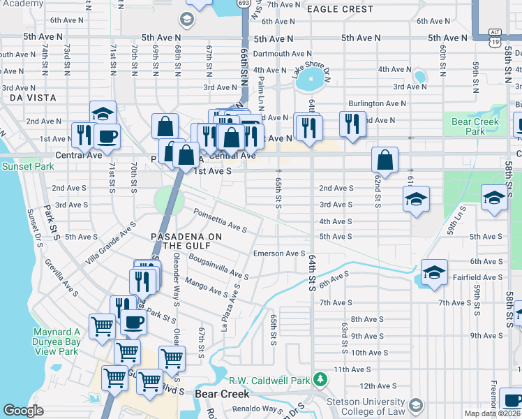 map of restaurants, bars, coffee shops, grocery stores, and more near 6550 3rd Avenue South in St. Petersburg