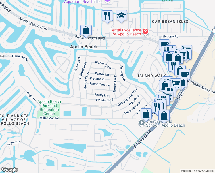 map of restaurants, bars, coffee shops, grocery stores, and more near 500 Flame Tree Drive in Apollo Beach