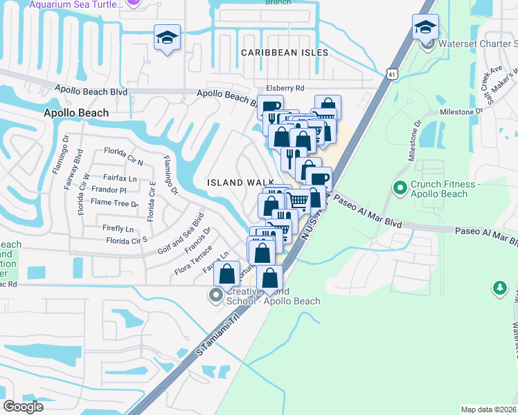 map of restaurants, bars, coffee shops, grocery stores, and more near 214 Island Water Way in Apollo Beach