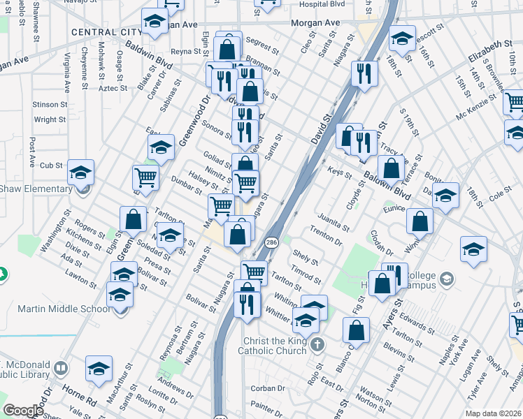 map of restaurants, bars, coffee shops, grocery stores, and more near 2922 Niagara Street in Corpus Christi