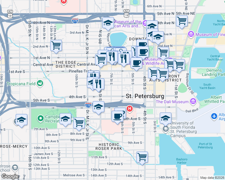 map of restaurants, bars, coffee shops, grocery stores, and more near 630 3rd Avenue South in St. Petersburg