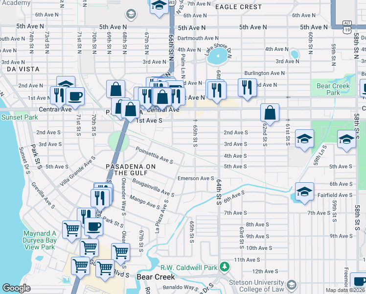 map of restaurants, bars, coffee shops, grocery stores, and more near 6550 3rd Avenue South in St. Petersburg