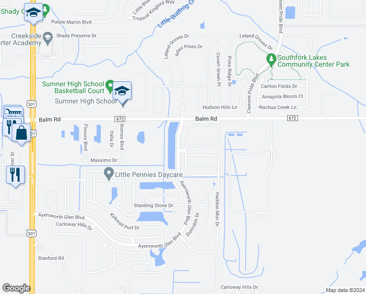 map of restaurants, bars, coffee shops, grocery stores, and more near 14351 Alistar Manor Drive in Wimauma