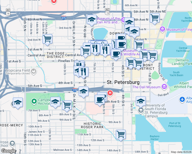 map of restaurants, bars, coffee shops, grocery stores, and more near 630 3rd Avenue South in St. Petersburg