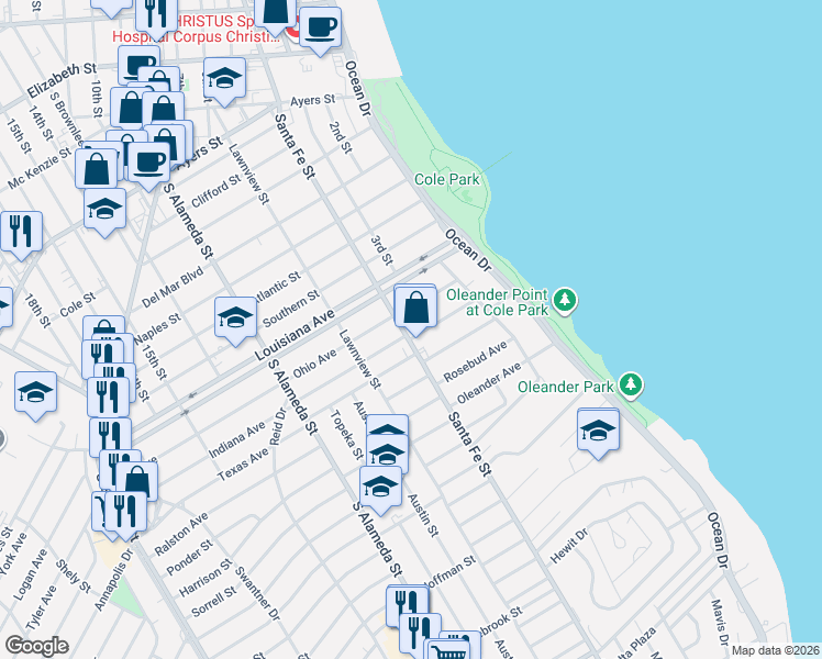 map of restaurants, bars, coffee shops, grocery stores, and more near 2725 Santa Fe Street in Corpus Christi