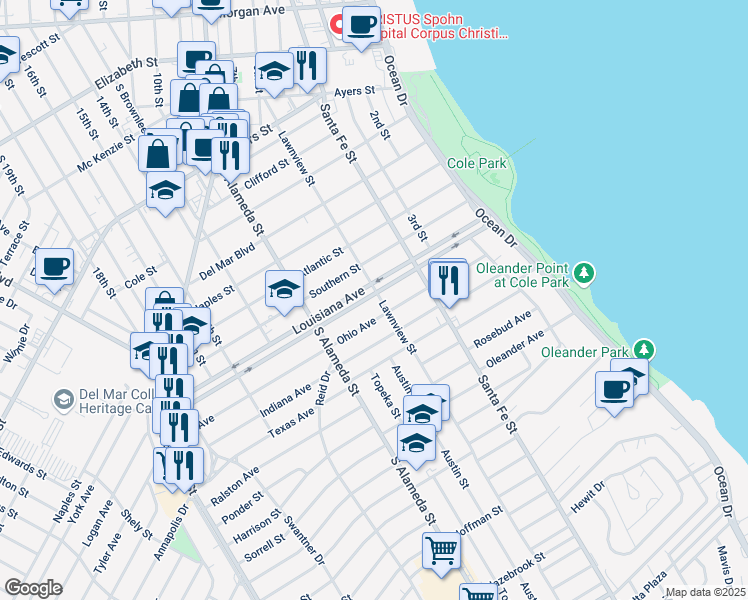 map of restaurants, bars, coffee shops, grocery stores, and more near 409 Louisiana Avenue in Corpus Christi