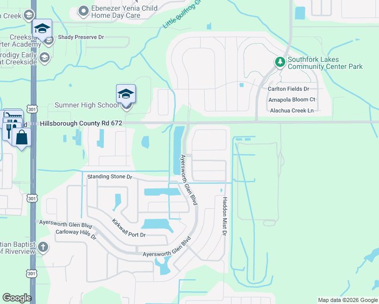 map of restaurants, bars, coffee shops, grocery stores, and more near 14351 Alistar Manor Drive in Wimauma