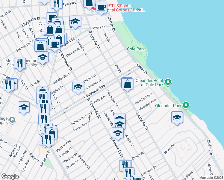 map of restaurants, bars, coffee shops, grocery stores, and more near 330 Ohio Avenue in Corpus Christi